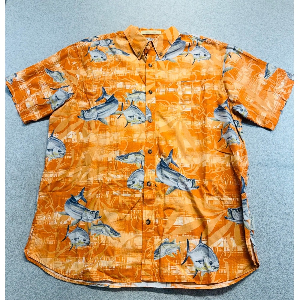 Columbia River Lodge Mens L Fish Print Shirt Orange Fishing 100% Cotton Outdoors